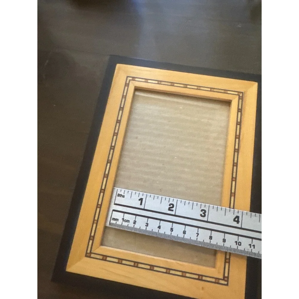 Vintage Wood Inlay Picture Frame Black Tan Geometric Marquetry 4x6 Tabletop Wall